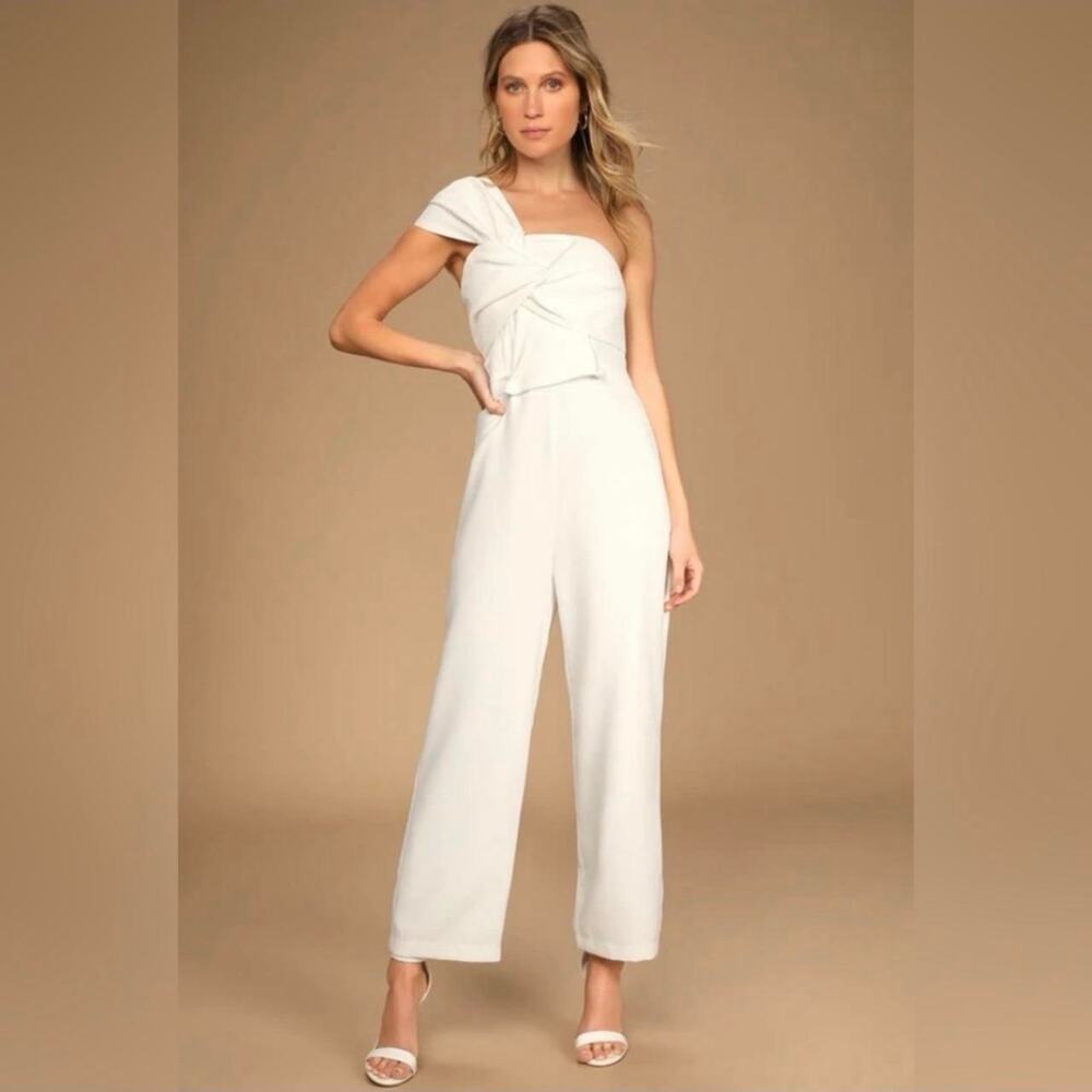 Lulu’s Eternal Vow Ivory One-Shoulder Sleeveless Bow-Front Jumpsuit
